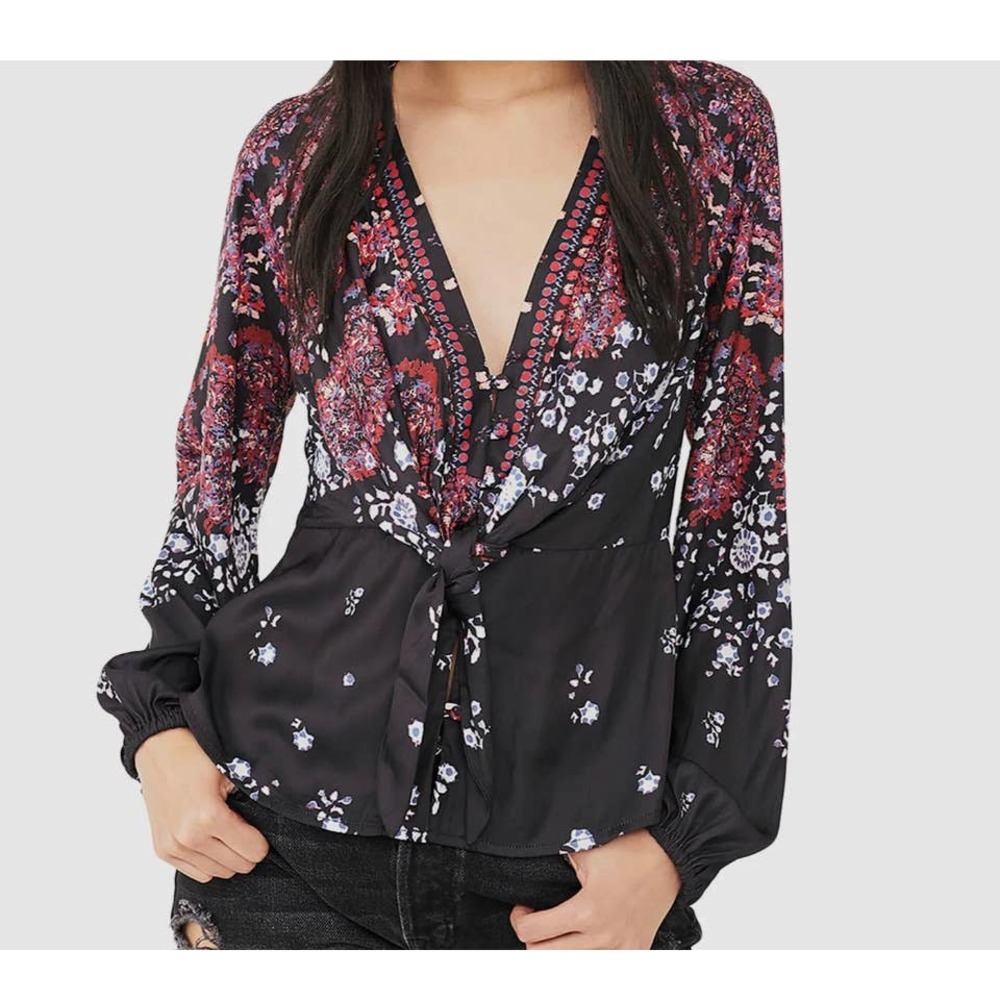 Free People Womens Black Pink Deep V Neck Tunic Button Up Size XS 100% P…